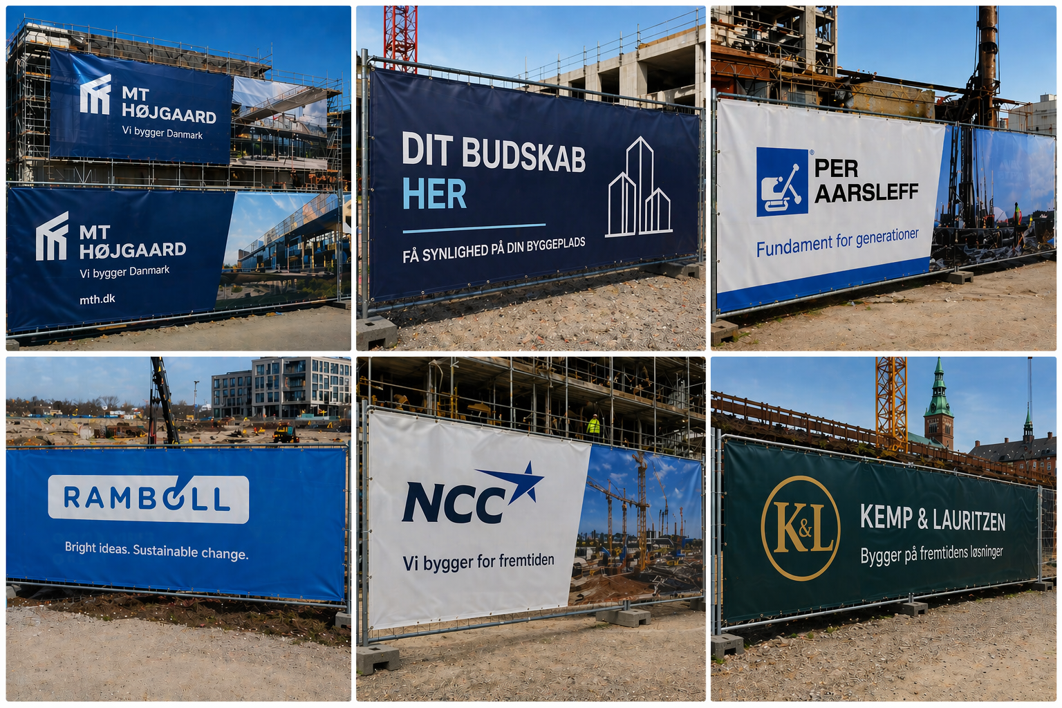 Collage af byggeplads bannere fra MT Højgaard, Per Aarsleff, Rambøll, NCC og Kemp & Lauritzen monteret på stilladser og hegn