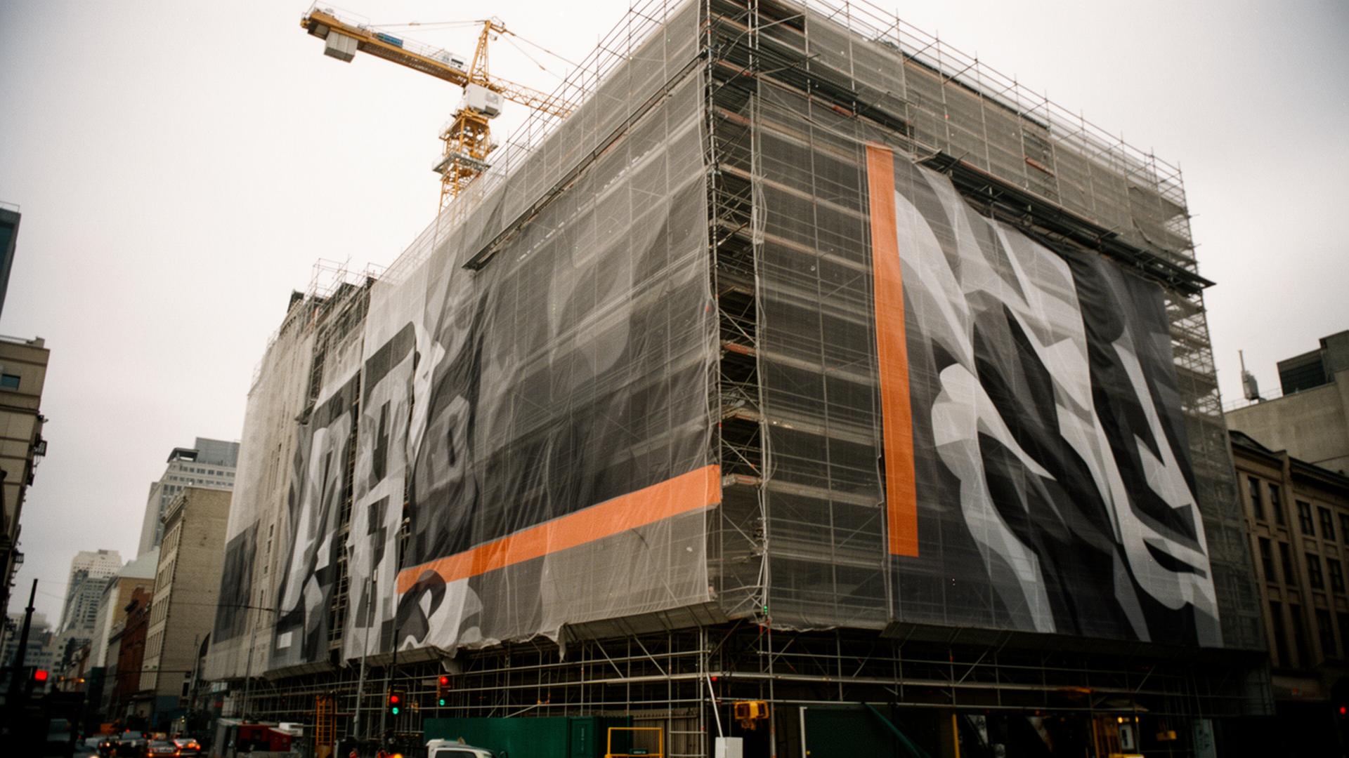 Bygning under renovering med stillads dækket af storformat mesh banner og kran i baggrunden