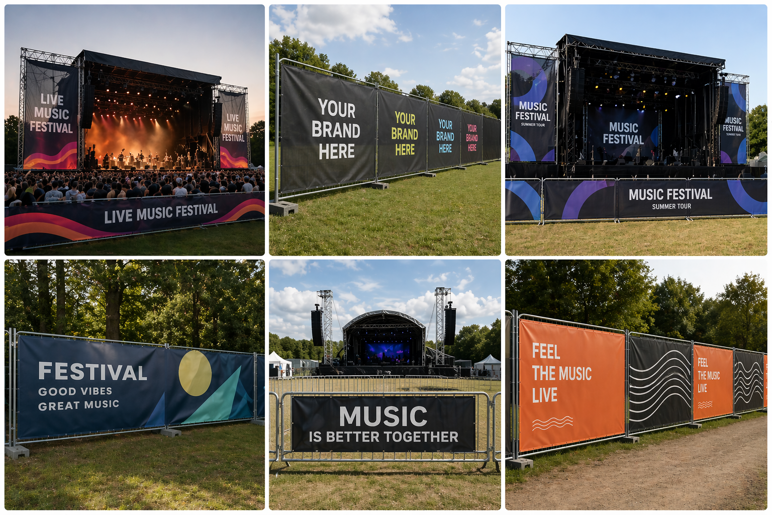 Collage af festivalbannere: scenebranding, hegnsbannere og sponsorflader på udendørs events