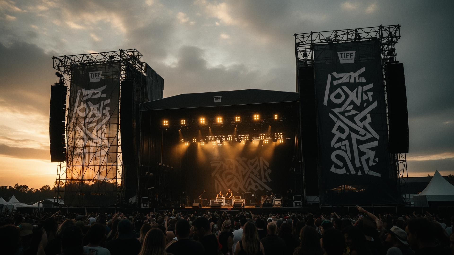 Festival main stage med lydtransparente bannere monteret på højttalertårne i golden hour