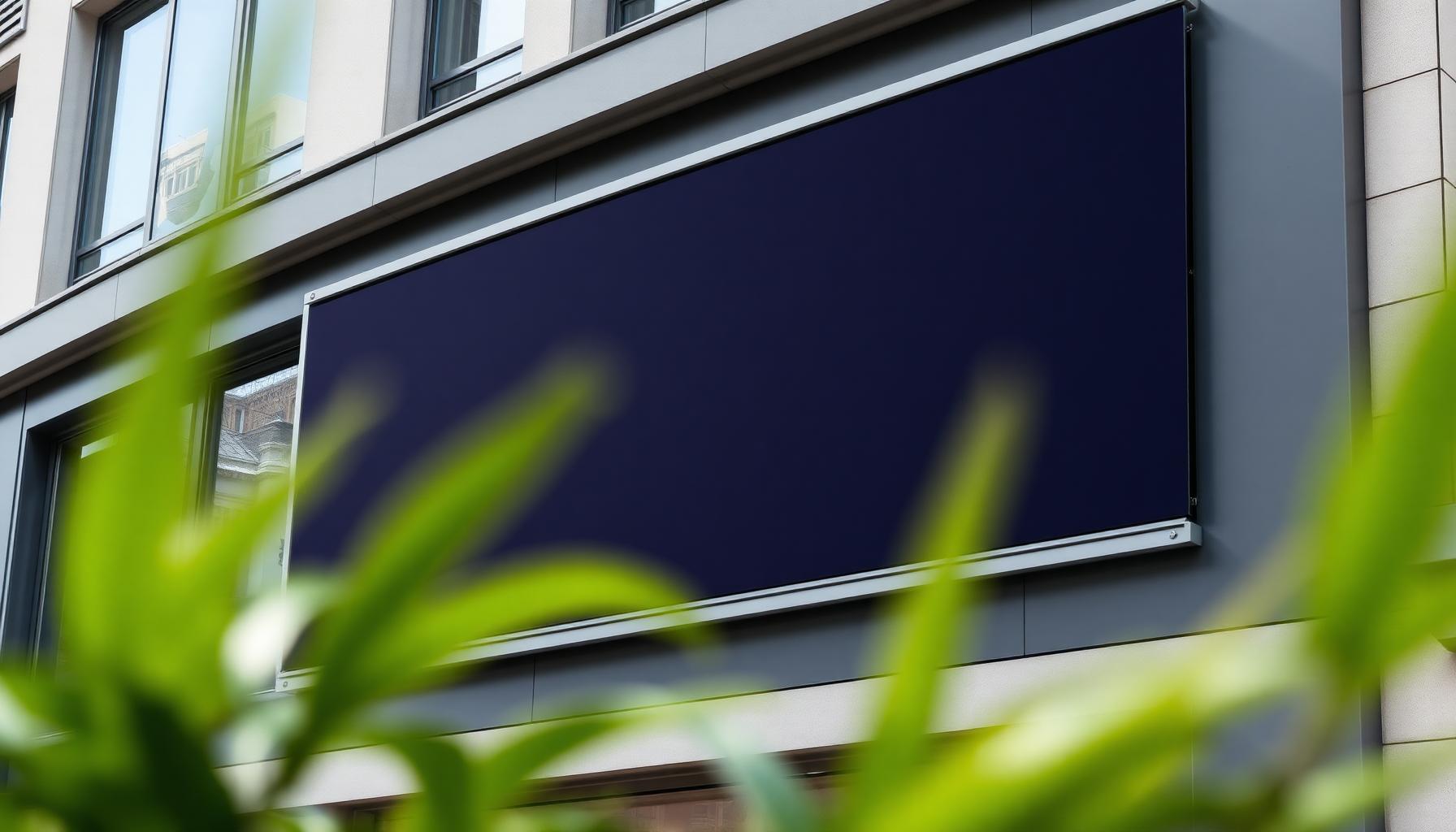 PVC-frit banner monteret på moderne facade med grønne planter i forgrunden