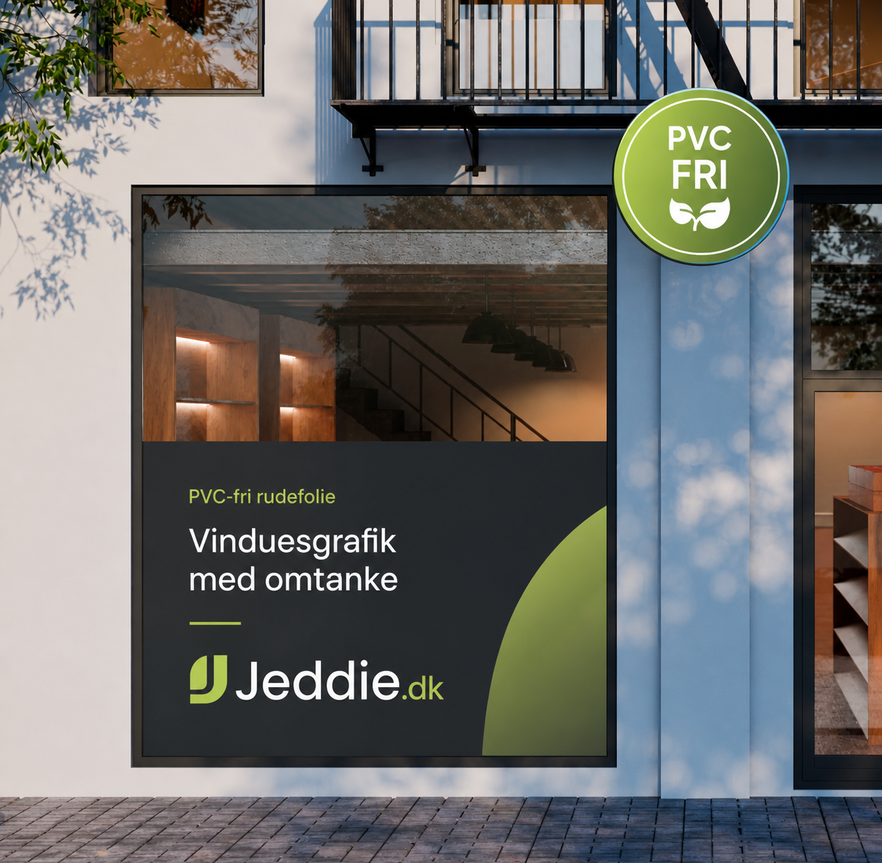 PVC-fri rudefolie monteret i butiksvindue – vinduesgrafik med omtanke fra Jeddie.dk
