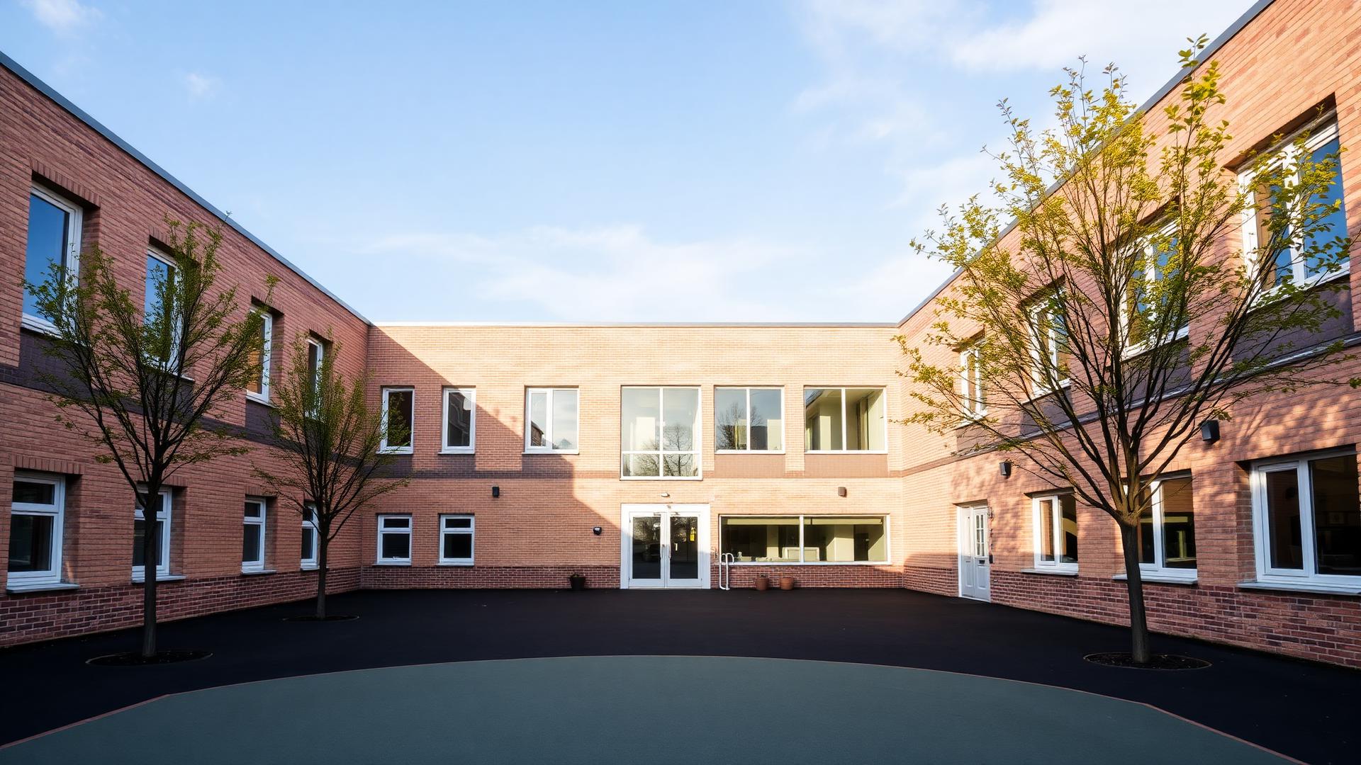 Skolegård med banner ved indgangen og tydelig institutionel branding
