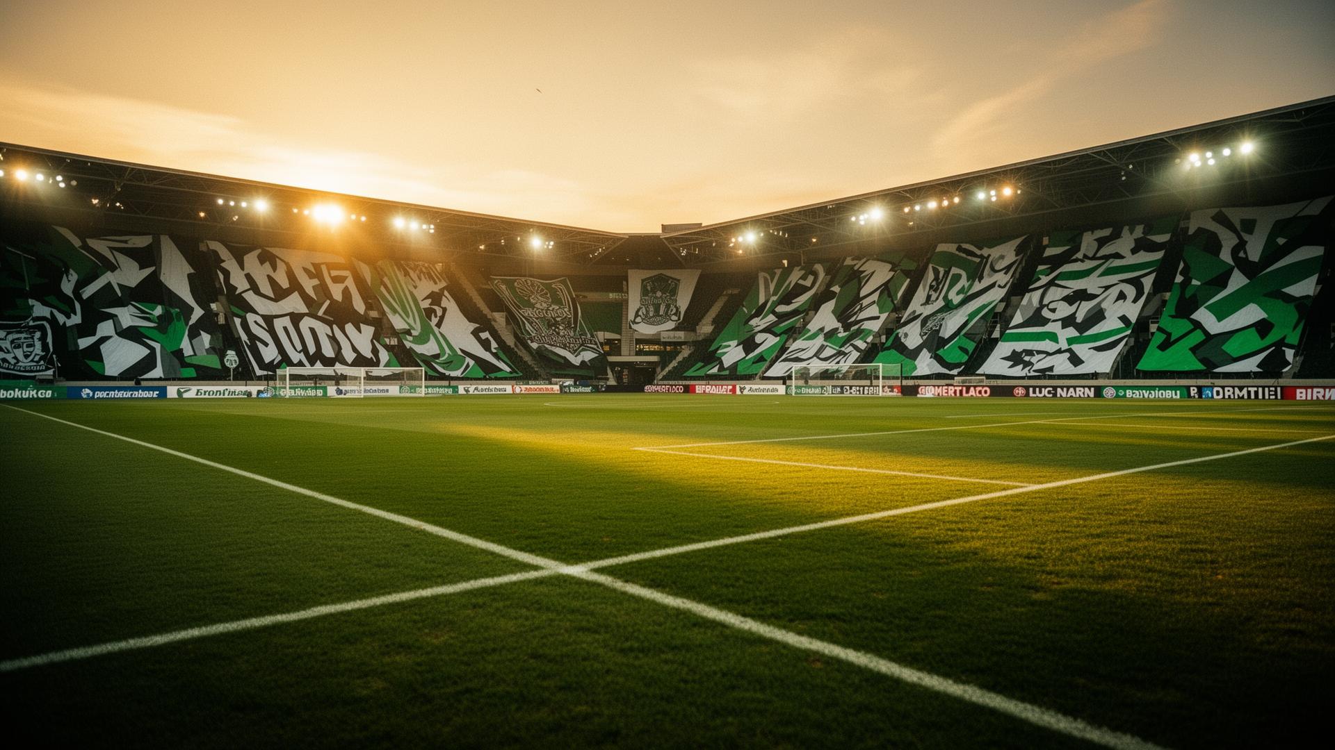 Fodboldbane i golden hour med sponsorbannere på hegn og tribune